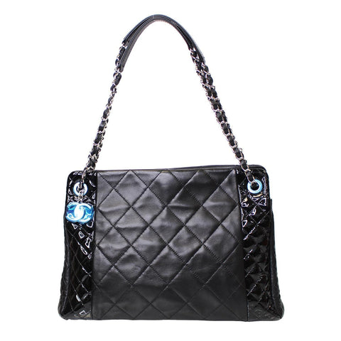 CHANEL CC Charm Quilted Lambskin Patent Leather Tote Bag Black