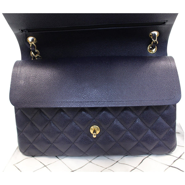 Chanel Jumbo Double Flap Caviar Leather Shoulder Bag Blue front view