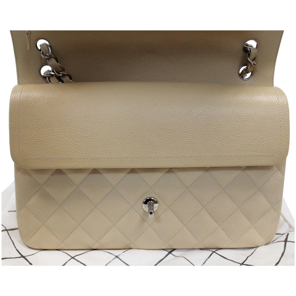 Chanel Jumbo Double Flap Caviar Leather Shoulder Bag Beige open view