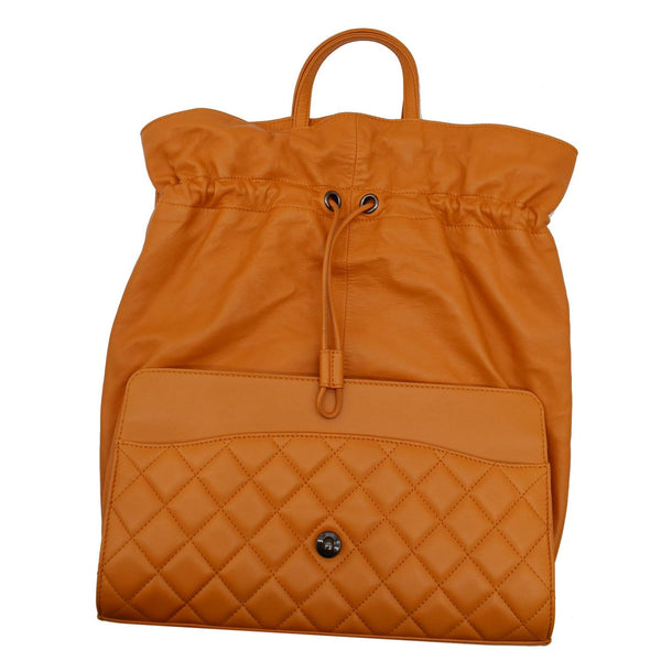 CHANEL Classic Flap Drawstring Quilted Lambskin Leather Shopper Shoulder Bag Orange