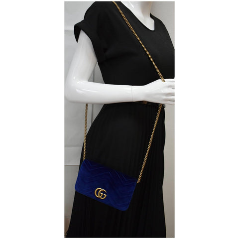 GUCCI Marmont GG Mini Velvet Matelasse Crossbody Bag Blue 488426