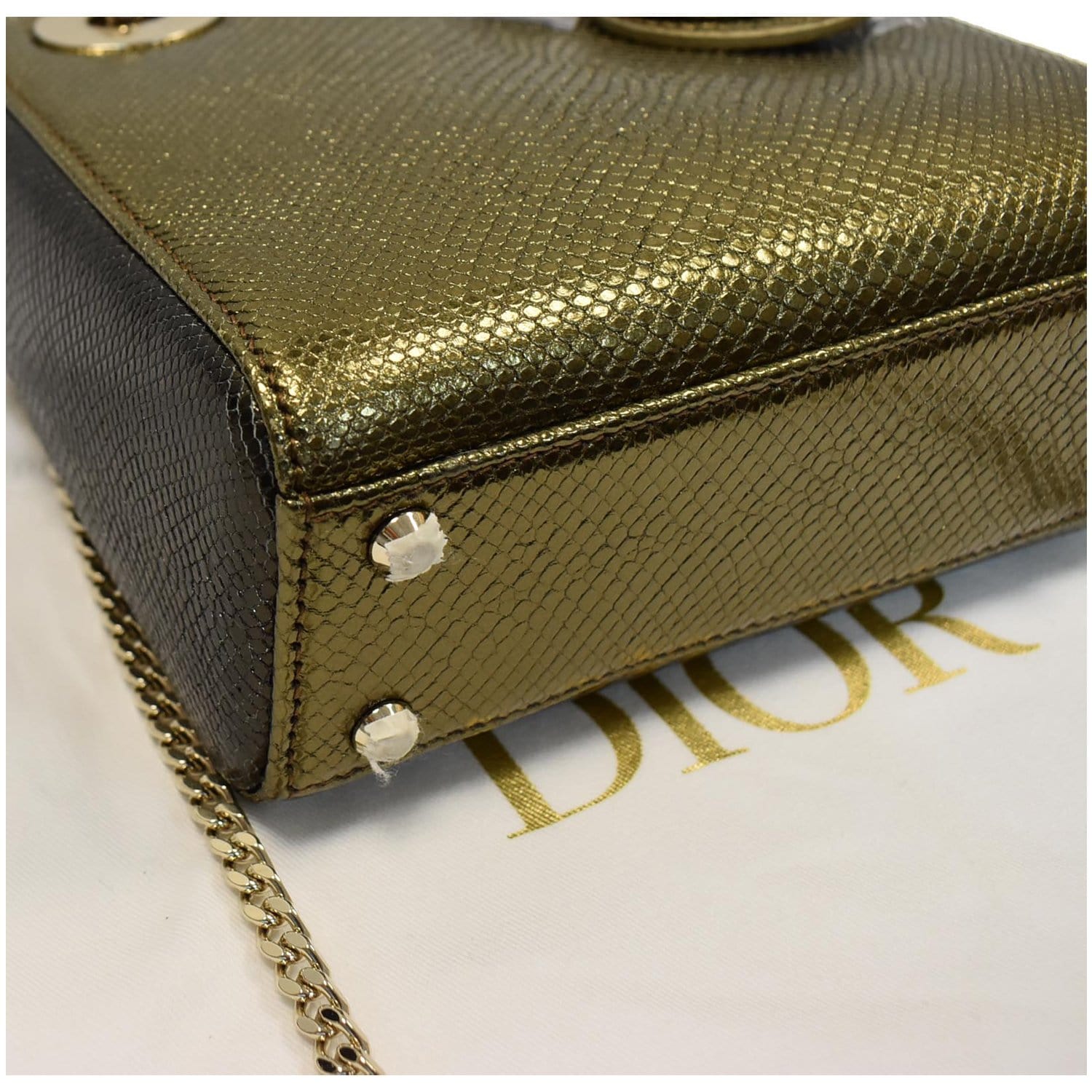 CHRISTIAN DIOR Mini Lady Dior Lizard Print Chain Shoulder Bag Metallic