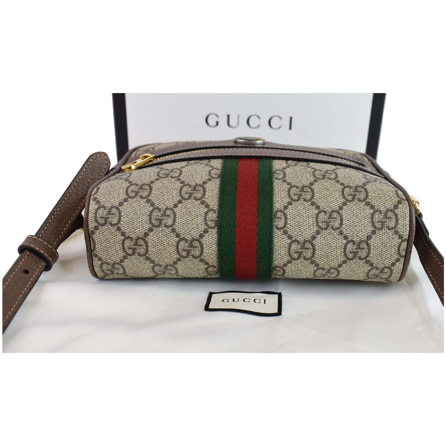 Gucci Ophidia Beige GG Monogram Web Stripe Mini Crossbody Bag – Queen Bee  of Beverly Hills