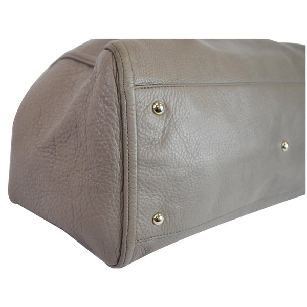 Gucci Soho Top Handle Pebbled Leather Tote Bag Taupe - brass buttons