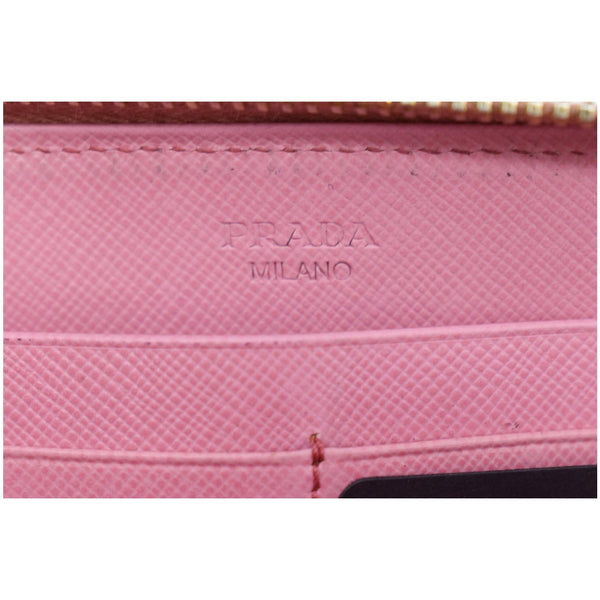 PRADA Striped Perforated Saffiano Leather Zip Around Wallet Pink/Yellow