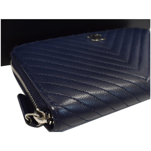 CHANEL Large Gusset Caviar Chevron Quilted Zip Around Wallet Bright Blue