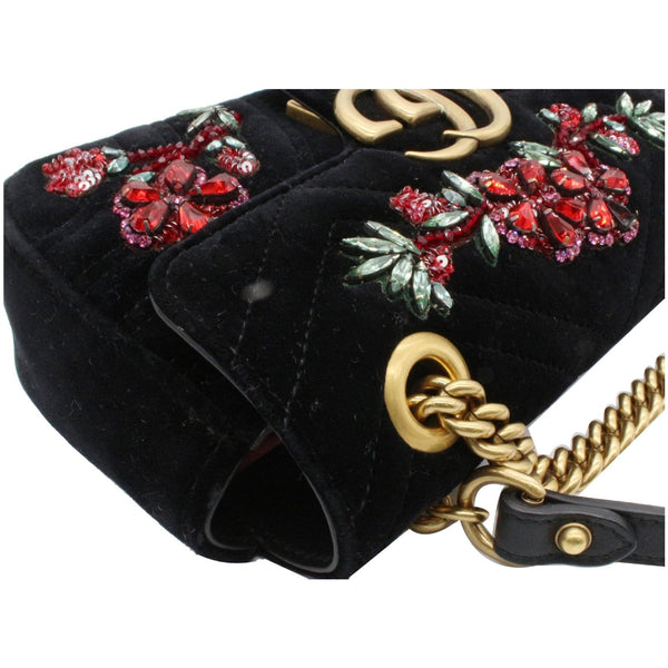 Gucci GG Marmont Floral Gems Mini Velvet Matelasse Embroidered Shoulder Bag Black