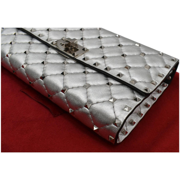 VALENTINO Rockstud Spike Nappa Leather Clutch Bag Metallic Silver