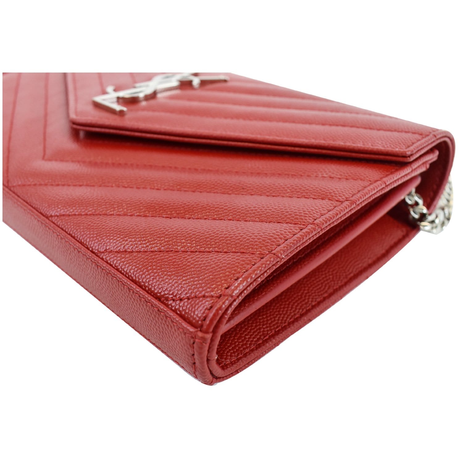 CHANEL Lambskin Chevron Quilted Square Wallet On Chain WOC Red
