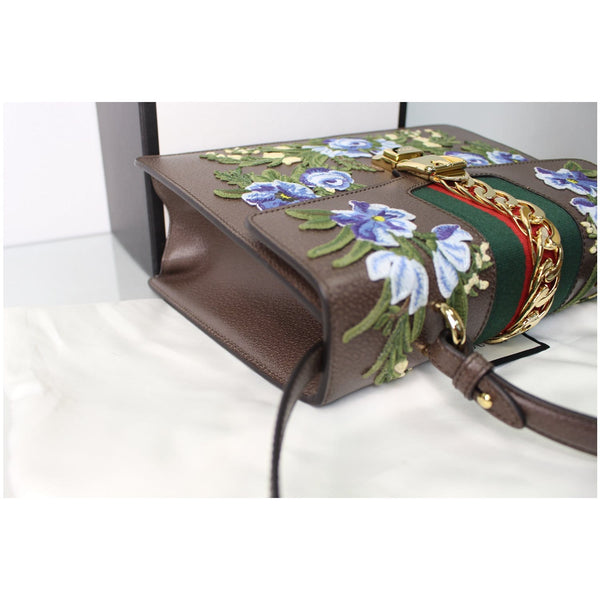 GUCCI Sylvie Embroidered Leather Medium Top Handle Bag Brown 431665