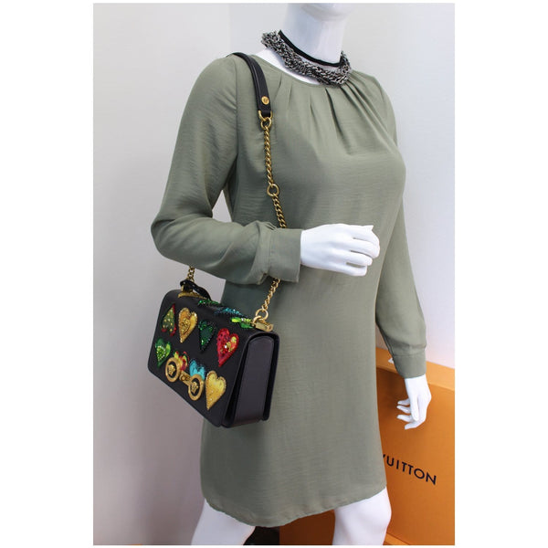 VERSACE Hearts Embellished Leather Shoulder Bag Black