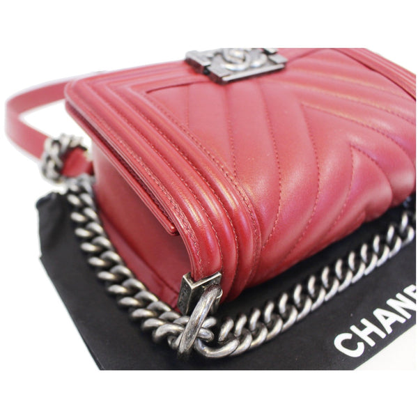 CHANEL Small Chevron Boy Calfskin Leather Flap Bag Burgundy