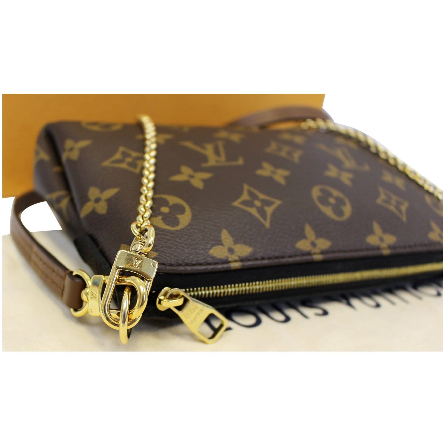 Copy Louis Vuitton black monogram crossbody purse gold chain strap