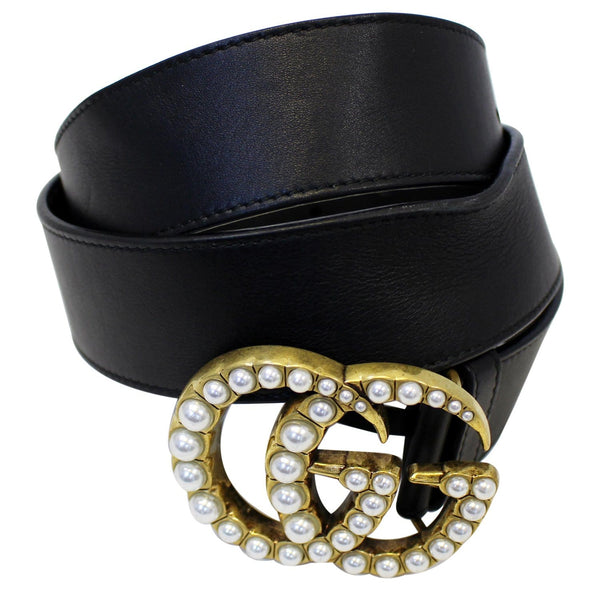 GUCCI Pearl Double G Black Leather Belt Size 44-US