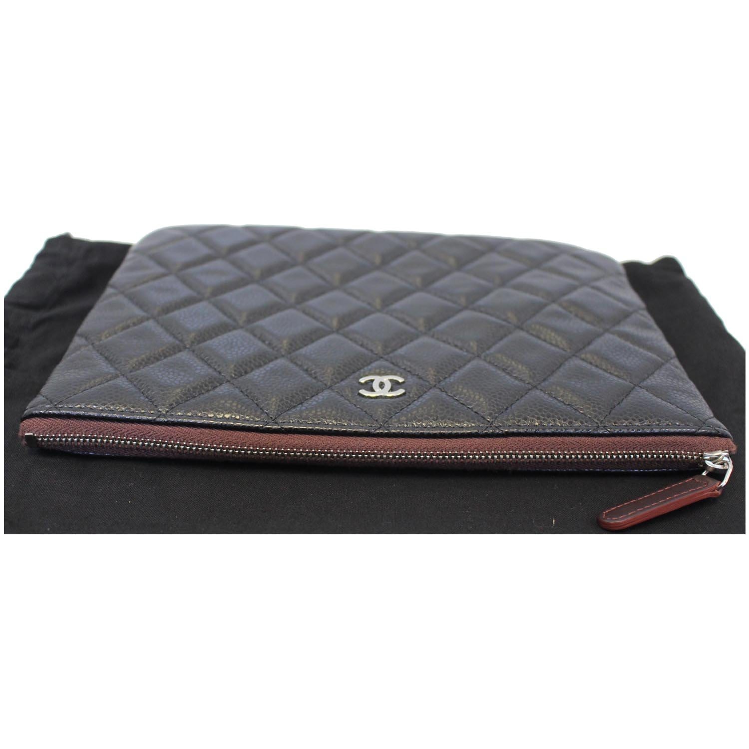 Chanel Black Quilted Glazed Caviar Leather O-Case Classic Zip Large Pouch -  Yoogi's Closet