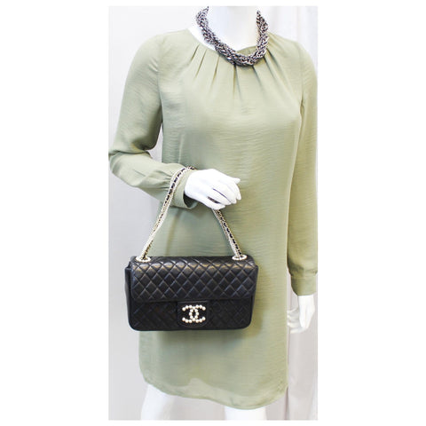 CHANEL Westminster Pearl Flap Lambskin Medium Shoulder Bag Black-US