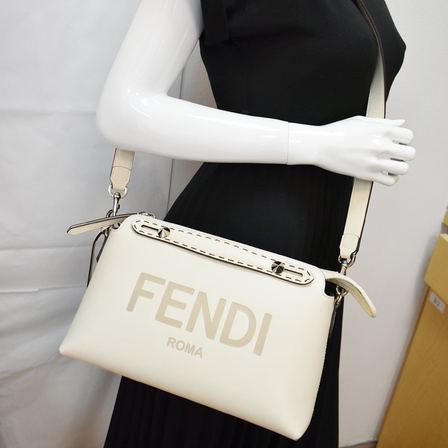 FENDI By The Way Medium Leather Boston Bag White