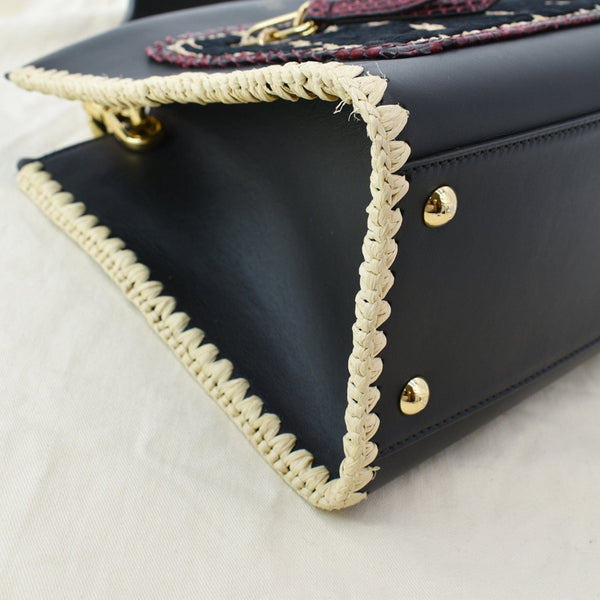FENDI Raffia Embroidered Python Leather Shoulder Bag Black