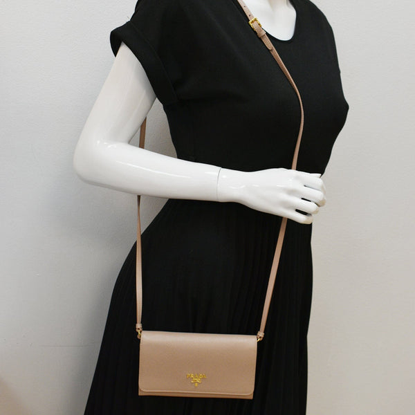 PRADA Mini Saffiano Leather Strap Crossbody Bag Natural