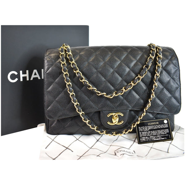 CHANEL Maxi Double Flap Caviar Leather Shoulder Bag Black