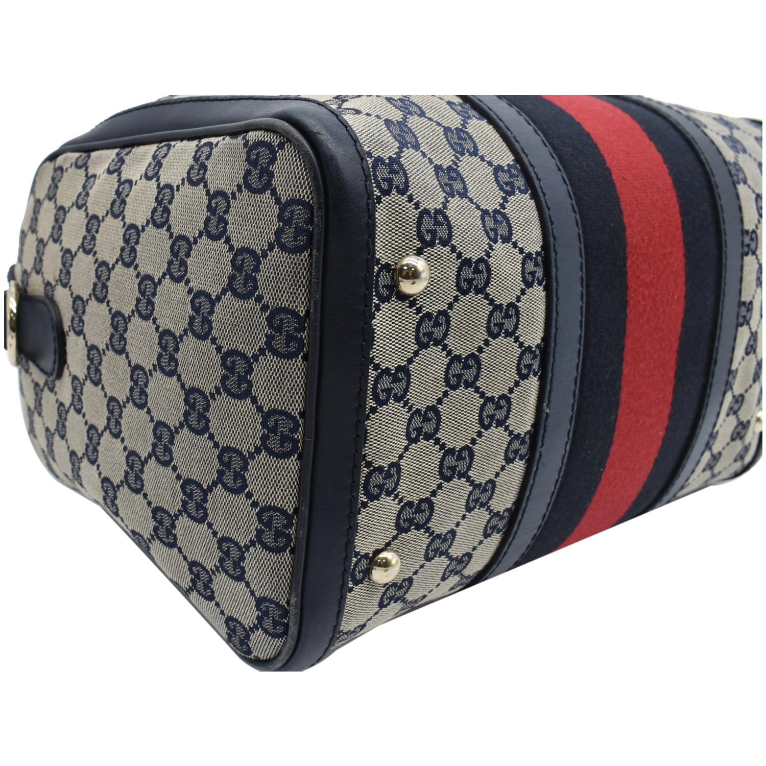 Gucci Vintage GG Supreme Web Stripe Boston Bag Navy Blue