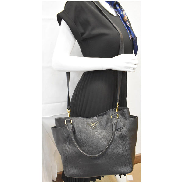 PRADA Vitello Daino Side-Pocket Leather Tote Shoulder Bag Black