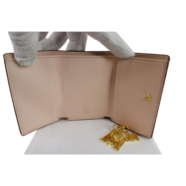 MCM Klara Trifold Mini Monogram Leather Charm Wallet Cognac