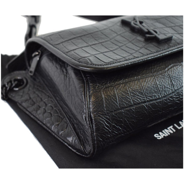 YVES SAINT LAURENT Niki Croc Embossed Leather Shoulder Bag Black