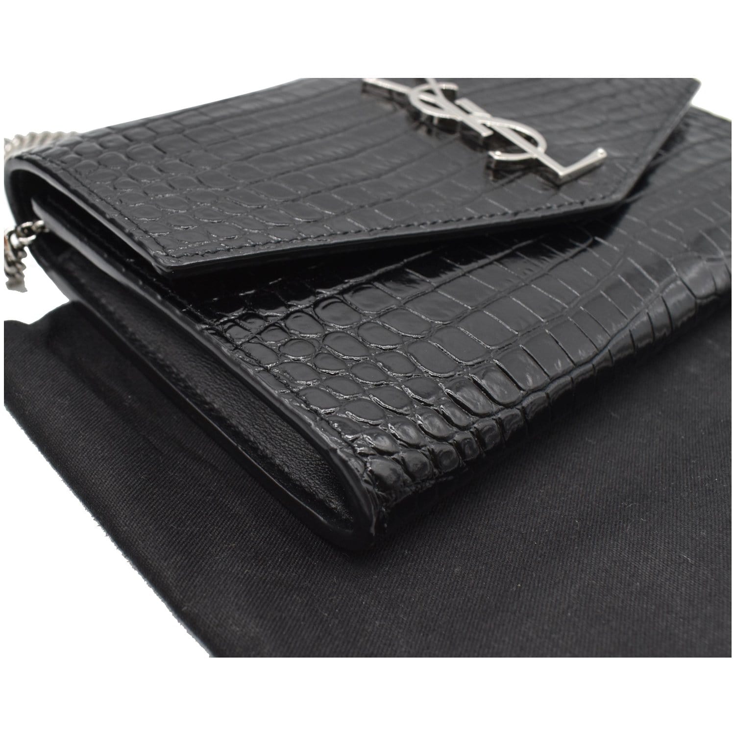 Saint Laurent Uptown Croc Embossed Leather Pouch in Black