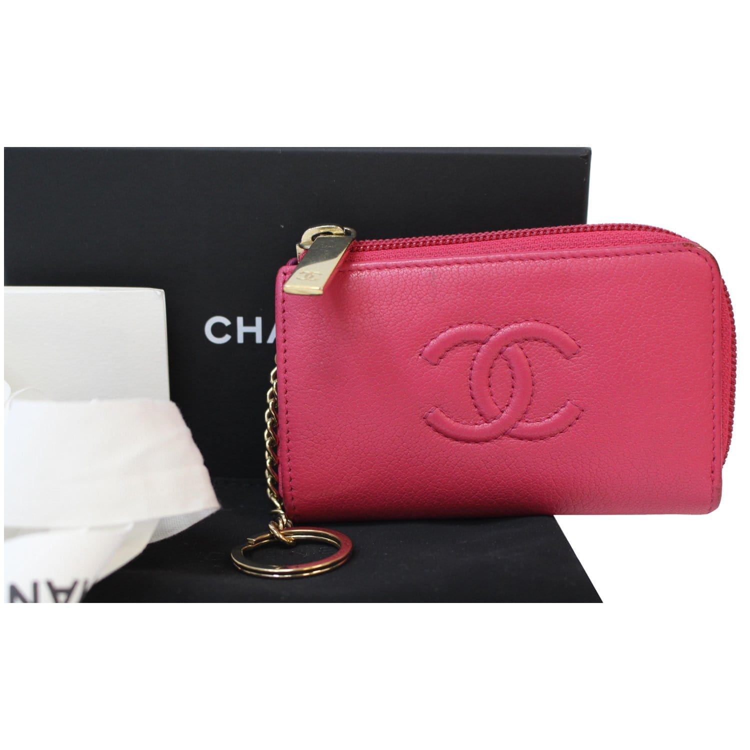 CHANEL Vintage CC Logo Pink Caviar Leather Key & Card Holder  in 2023