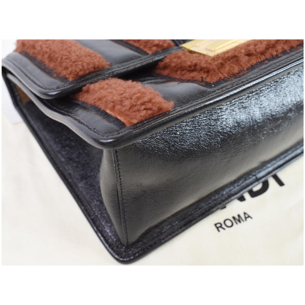 FENDI Kan U Medium Shearling Patent Leather Shoulder Bag Brown