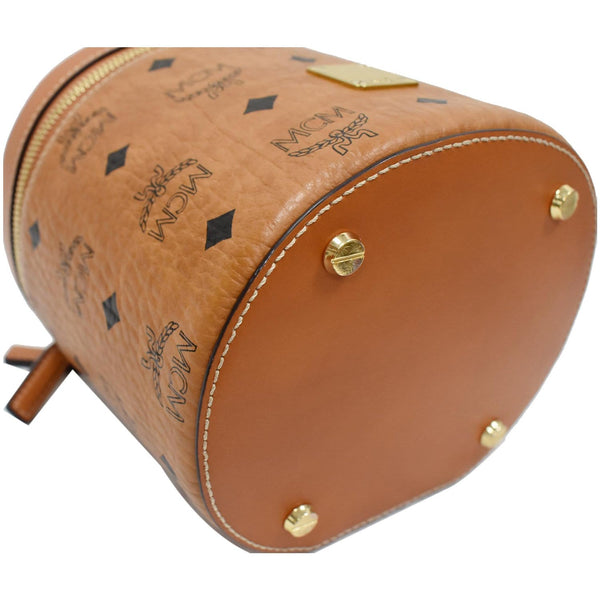 MCM Small Cylinder Visetos Monogram Leather Crossbody Bag Cognac
