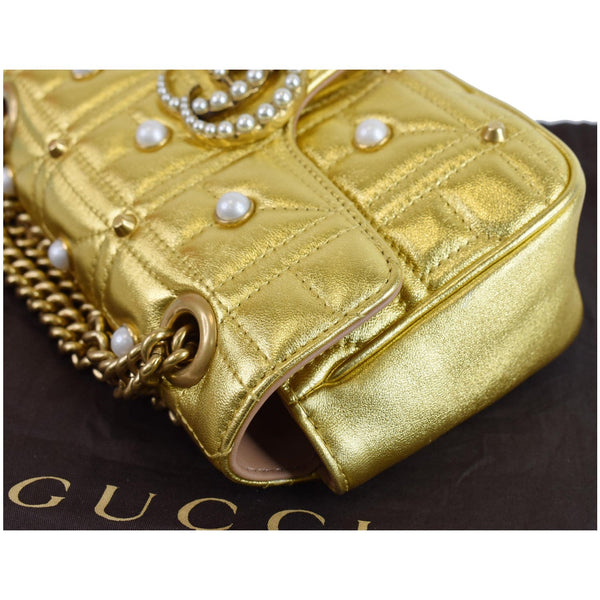 GUCCI GG Marmont Mini Pearl Studded Leather Shoulder Bag Gold 446744