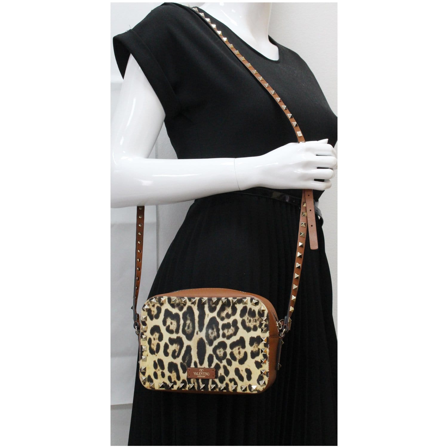 VALENTINO Rockstud Leopard Canvas Leather Camera Bag Selleria 10% OF