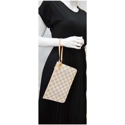 LOUIS VUITTON Neverfull MM Damier Azur Pochette Wristlet Pouch Rose Ballerine