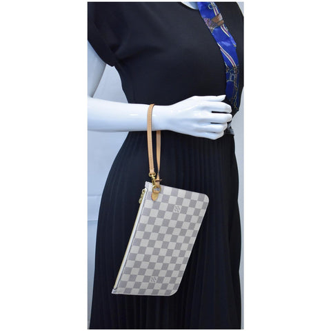 LOUIS VUITTON Neverfull Braided MM Damier Azur Pochette Wristlet White