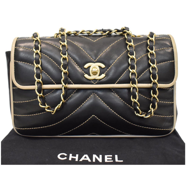 CHANEL Chevron Contrast Quilted Lambskin Flap Shoulder Bag Black