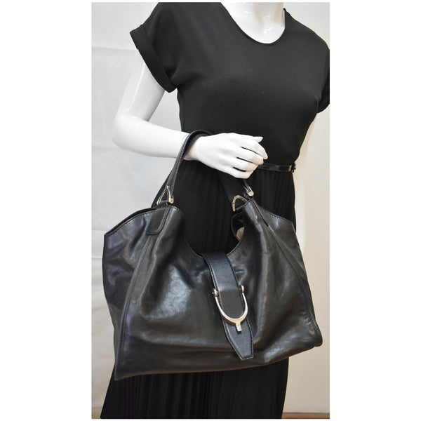 GUCCI Soft Stirrup Leather Shoulder Bag Black 296856