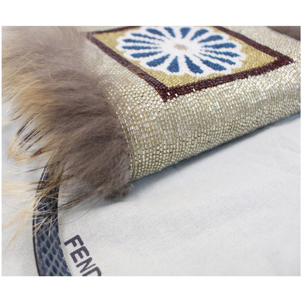 FENDI Daisy Beaded Snakeskin Fox Fur Trim Crossbody Clutch Bag Blue - Final Sale