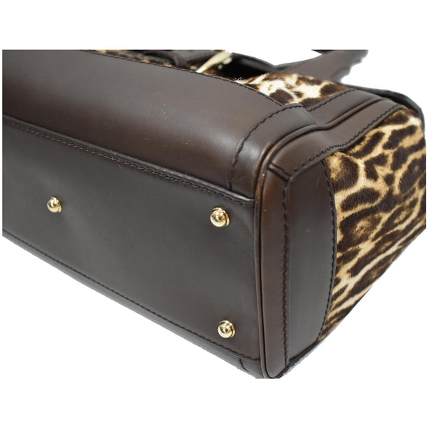 GUCCI Heritage Medium Pony Hair Leopard Print Leather Boston Bag Brown