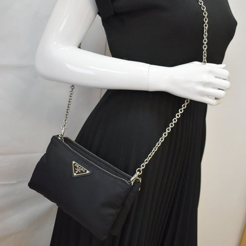 PRADA Mini Nylon Chain Crossbody Bag Black