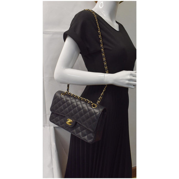 CHANEL Medium Double Flap CC Caviar Leather Shoulder Bag Black