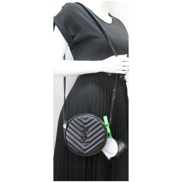 YVES SAINT LAURENT Vinyle Round Chevron Leather Camera Crossbody Bag Black