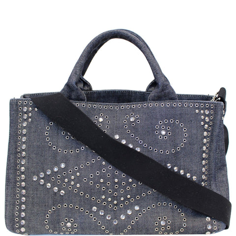 PRADA Canapa Jeweled 2way Tote Bag Denim - Last Call