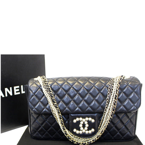 CHANEL Westminster Pearl Flap Lambskin Medium Shoulder Bag Black