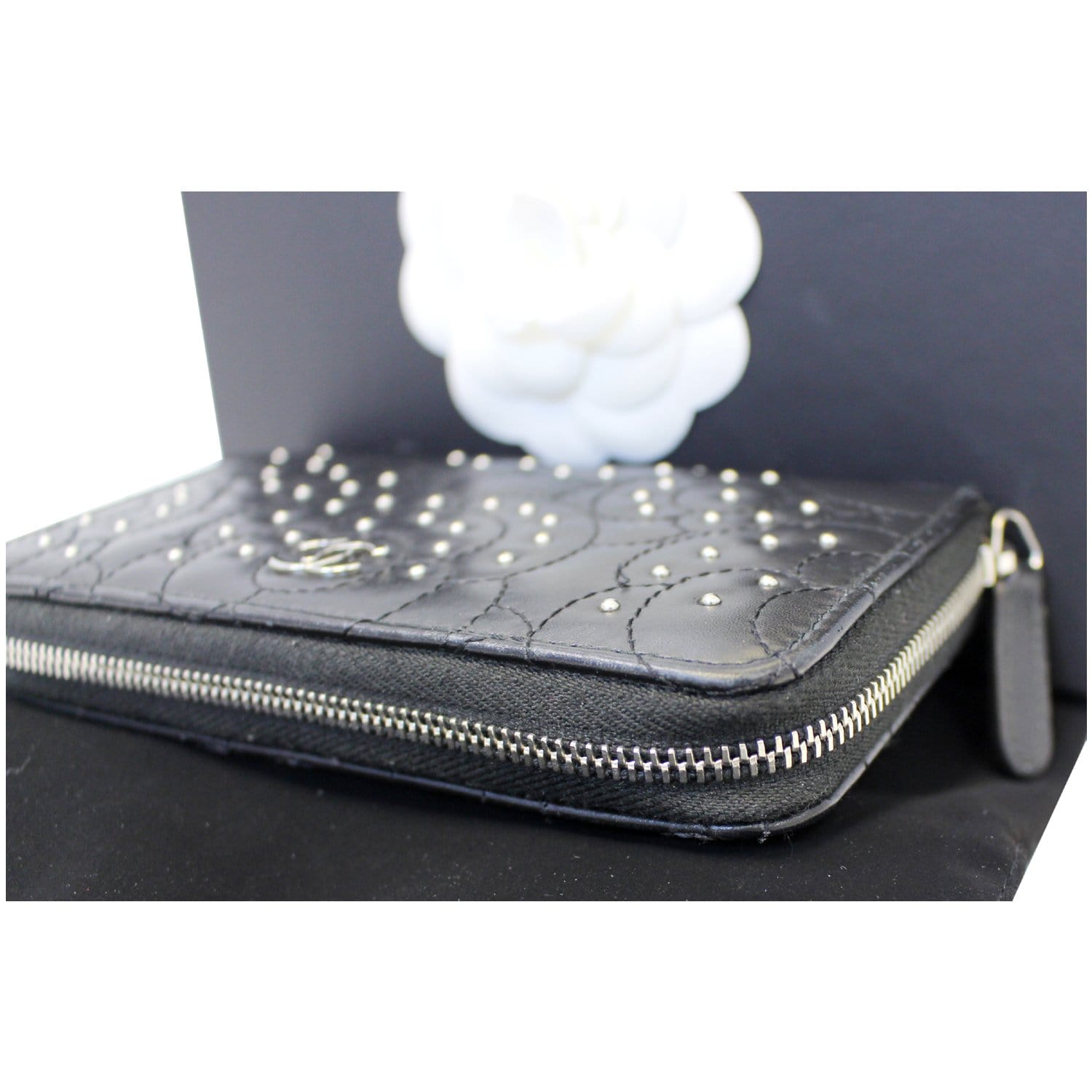 Chanel Long Wallet Round Zipper Camellia Caviar Skin Leather Black Flower  A82281