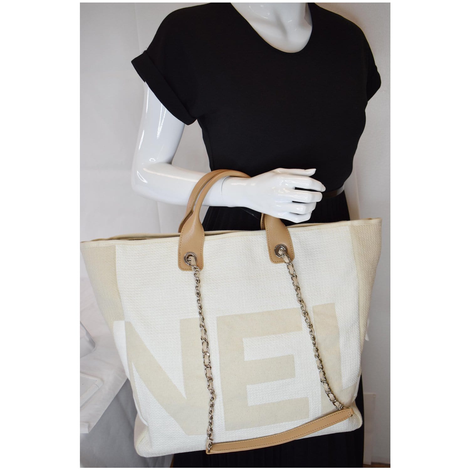 Chanel 22S Deauville Beige Large Shopping 30cm 2Way Silver Chain Handle  Tote Bag