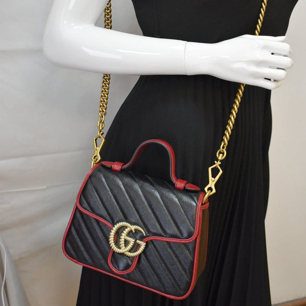 GUCCI GG Torchon Marmont Mini Top Handle Crossbody Bag 583571 Black/Cerise - Hot Deals