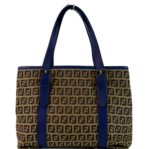 FENDI Zucchino Print Canvas Leather Tote Bag Blue/Brown