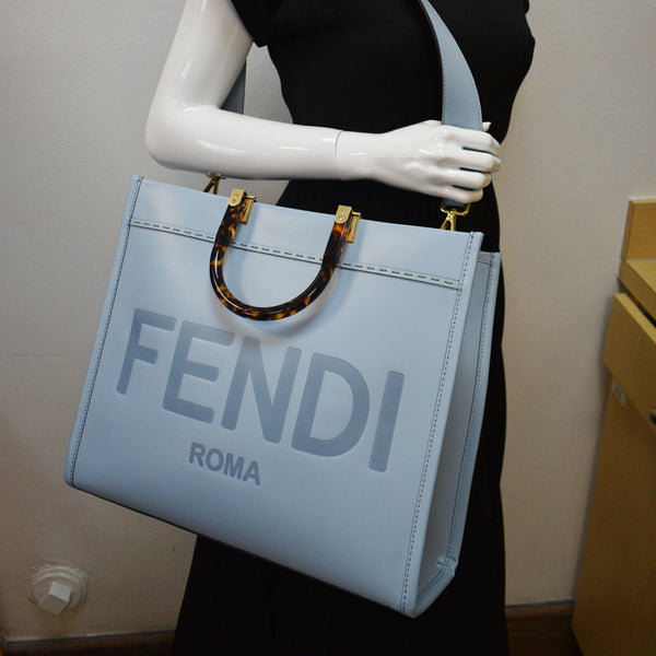 FENDI Sunshine Plexiglass Medium Leather Shopper Tote Bag Blue